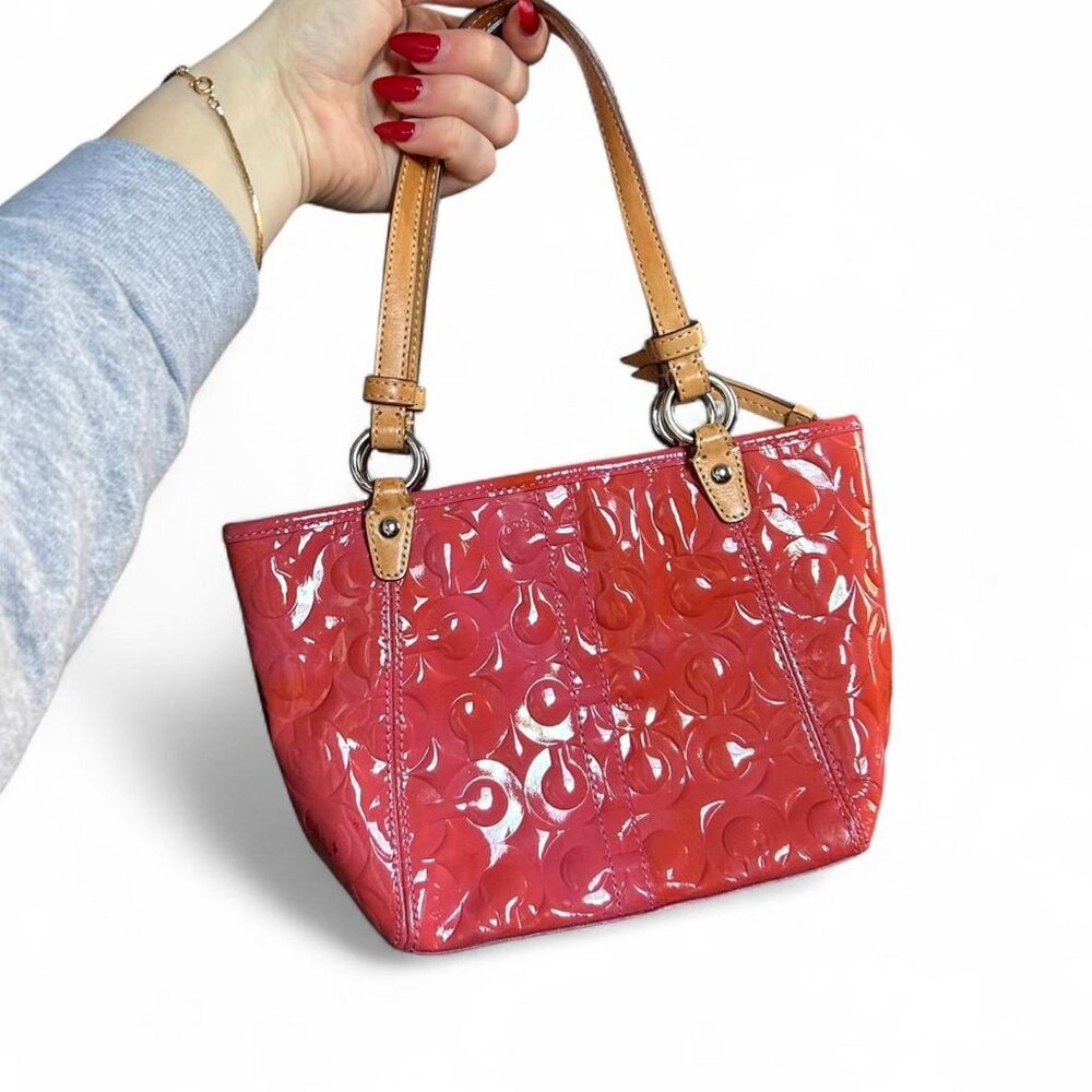 Coach Peyton Signature Embossed Patent Leather mini Tote. vibrant coral glossy - Picture 3 of 8